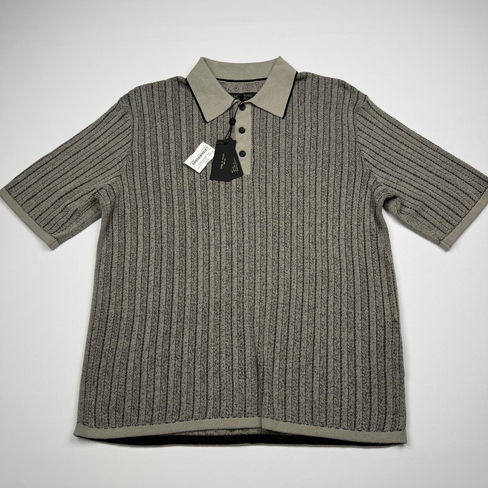 Rag & Bone Polo Shirt Mens Medium Gray Leaf Harvey Garment Dyed Knit Stripe